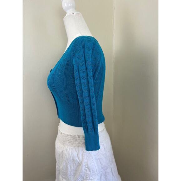 Betsey Johnson Vintage 90s y2k Button Cardigan S Blue Crochet Knit Sweater Crop - Picture 4 of 9